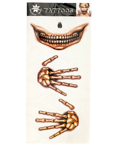 Fiche de tatouages mains et squelette dans un sachet sur papier cartonné