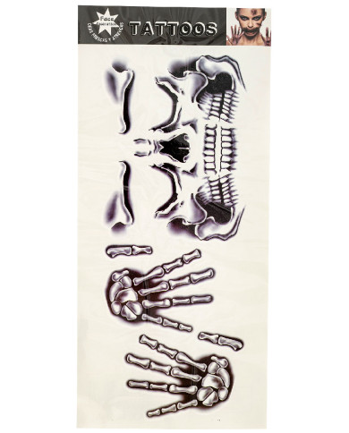 Fiche de tatouages mains et tête de mort dans un sachet sur papier cartonné