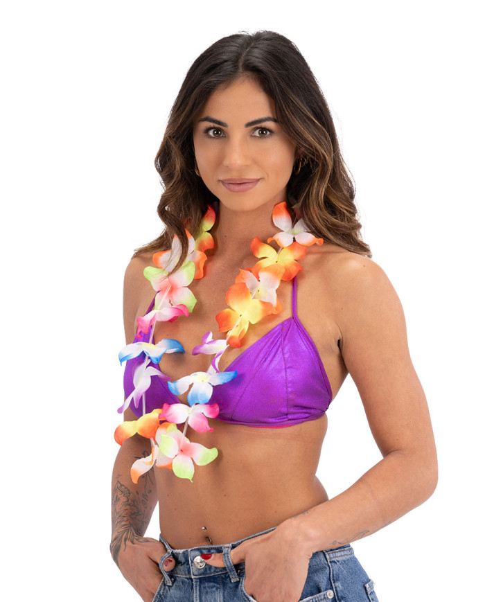 Collier Hawaï multi-couleurs avec étiquette cartonnée pliée