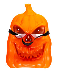 Masque citrouille avec yeux saillants en plastique dur avec étiquette cartonnée pliée