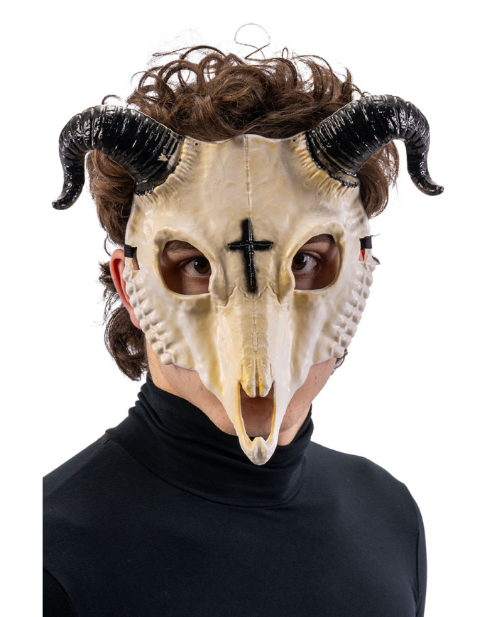 Masque squelette bouc horreur en plastique dur avec étiquette cartonnée pliée