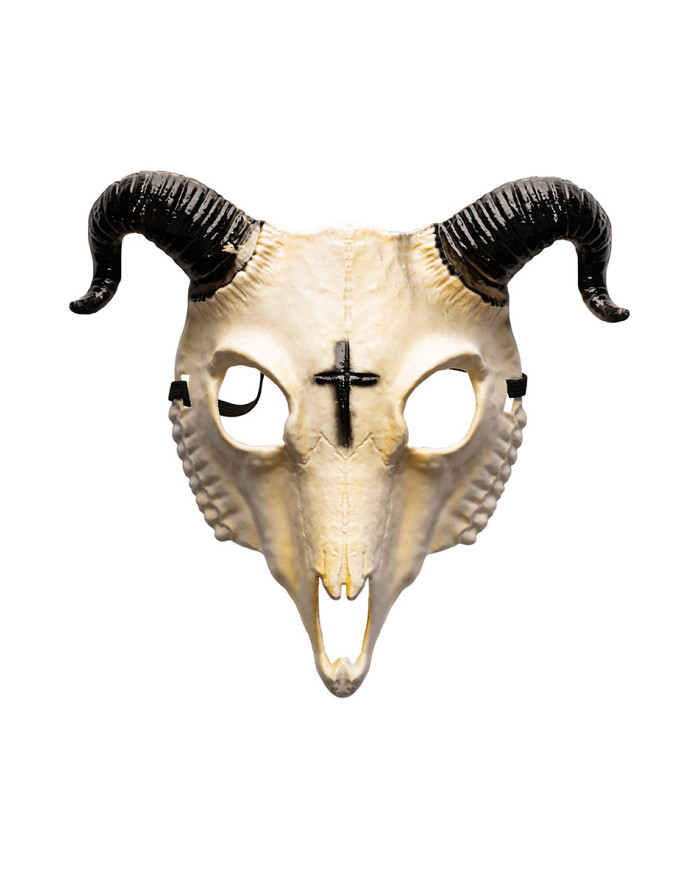 Masque squelette bouc horreur en plastique dur avec étiquette cartonnée pliée