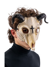 Masque squelette bouc horreur en plastique dur avec étiquette cartonnée pliée