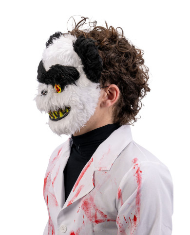 Maschera panda horror in plastica con peluche su cartoncino