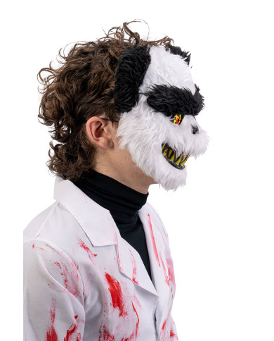 Maschera panda horror in plastica con peluche su cartoncino