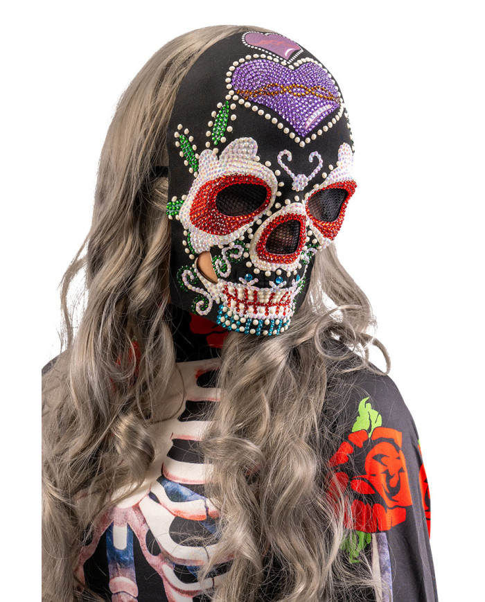 Masque squelette précieux avec strass avec étiquette cartonnée pliée