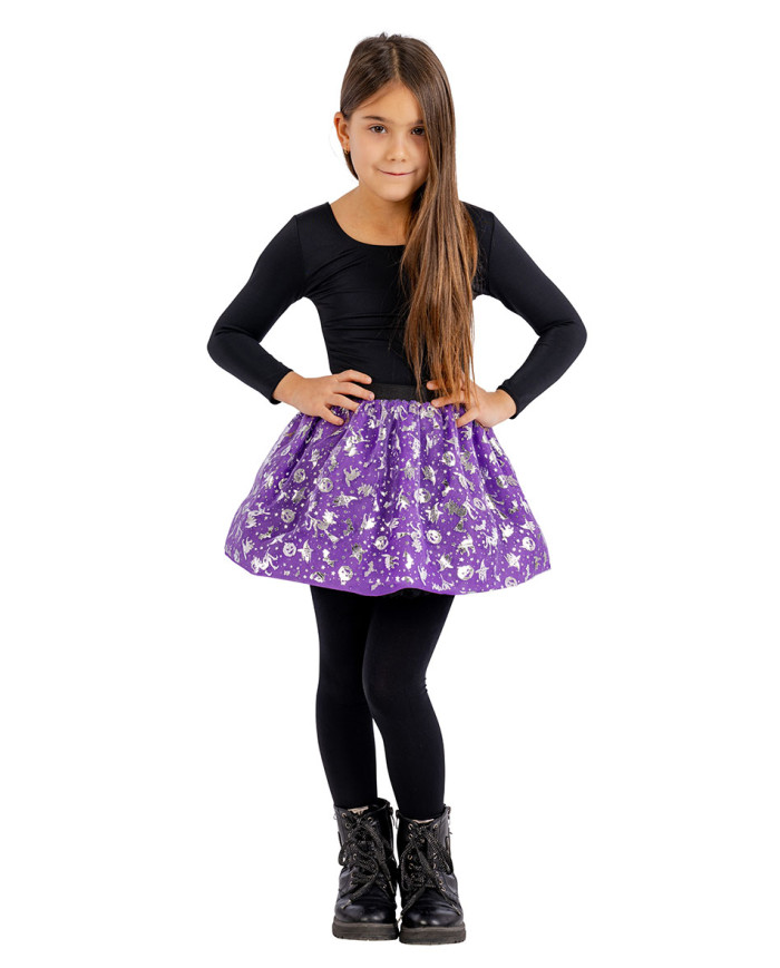 Tutú para niña morado con estampado plateado de unos 30 cm de longitud, talla única, en bolsa con solapa de cartón