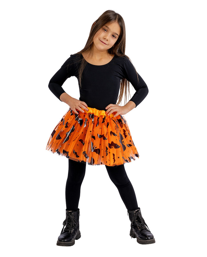 Ballettrock für Mädchen orange mit Fledermaus-Aufdruck L. ca. 30 cm Einheitsgröße in Beutel mit Aufhänger