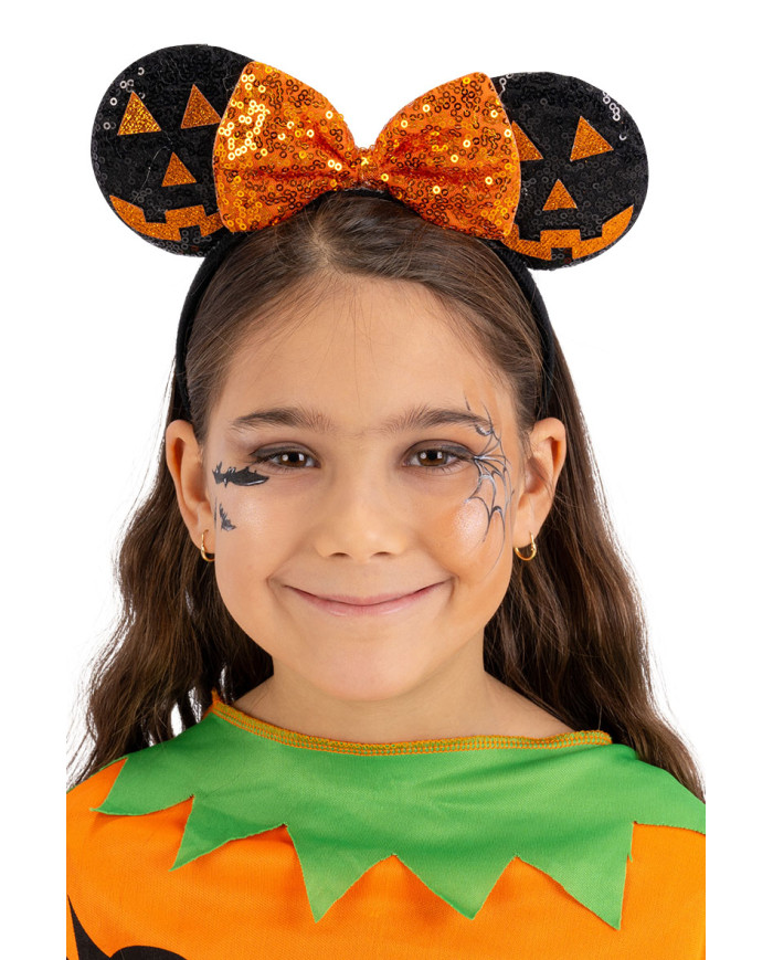 Diadema de Minnie Mouse con calabazas y cinta naranja con solapa de cartón