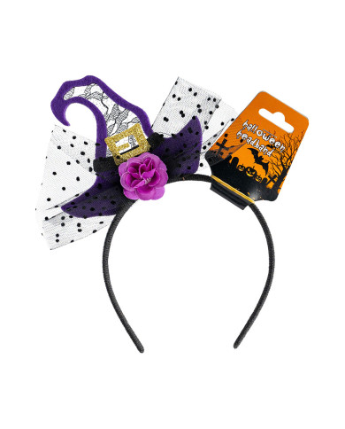 Diadema con sombrerito de bruja morado y tul con solapa de cartón