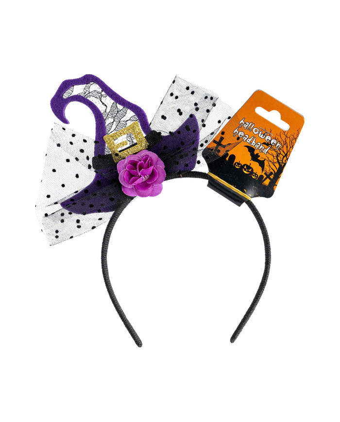 Serre-tête avec chapeau sorcière violet et tulle avec étiquette cartonnée pliée Serre-tête avec chapeau sorcière violet et tulle avec étiquette cartonnée pliée