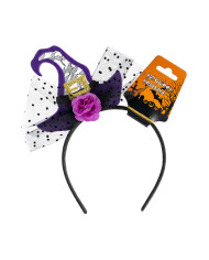 Serre-tête avec chapeau sorcière violet et tulle avec étiquette cartonnée pliée Serre-tête avec chapeau sorcière violet et tulle avec étiquette cartonnée pliée