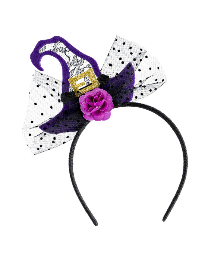 Serre-tête avec chapeau sorcière violet et tulle avec étiquette cartonnée pliée Serre-tête avec chapeau sorcière violet et tulle avec étiquette cartonnée pliée
