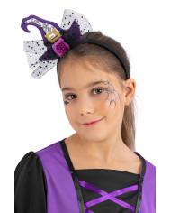 Serre-tête avec chapeau sorcière violet et tulle avec étiquette cartonnée pliée Serre-tête avec chapeau sorcière violet et tulle avec étiquette cartonnée pliée
