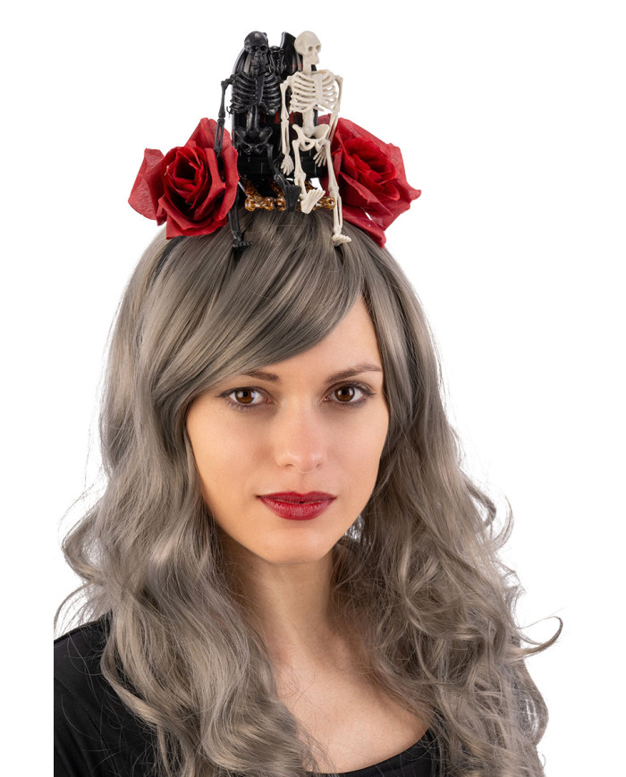 Diadema con lápida y esqueletos con solapa de cartón