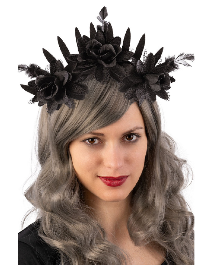 Serre-tête avec décorations florales noires sur papier cartonné Serre-tête avec décorations florales noires sur papier cartonné