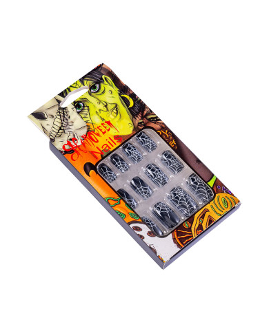 Faux ongles adhésifs noirs avec toiles d’araignée dans une boîte