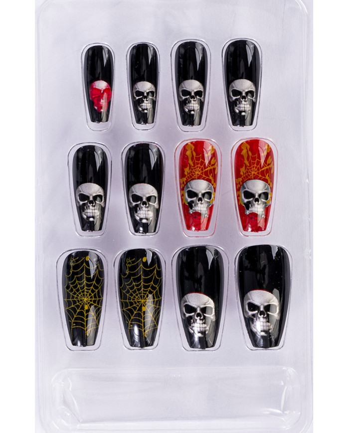 Faux ongles adhésifs avec têtes de mort dans une boîte Faux ongles adhésifs avec têtes de mort dans une boîte