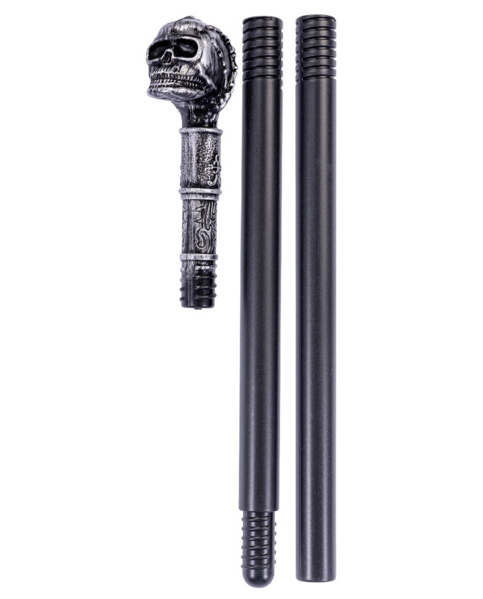Bastón desmontable con pomo calavera de unos 85 cm de longitud en bolsa con etiqueta colgante/etiqueta adhesiva