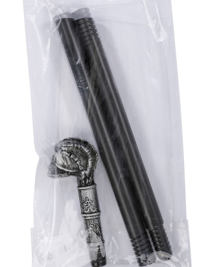 Bastón desmontable con pomo calavera de unos 85 cm de longitud en bolsa con etiqueta colgante/etiqueta adhesiva