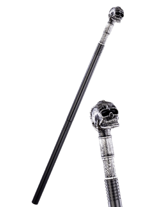 Bastón desmontable con pomo calavera de unos 85 cm de longitud en bolsa con etiqueta colgante/etiqueta adhesiva