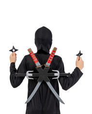 Ensemble armes ninja (fourreaux à épée, épées, poignards, accessoires) dans un sachet avec étiquette ferme-sachet