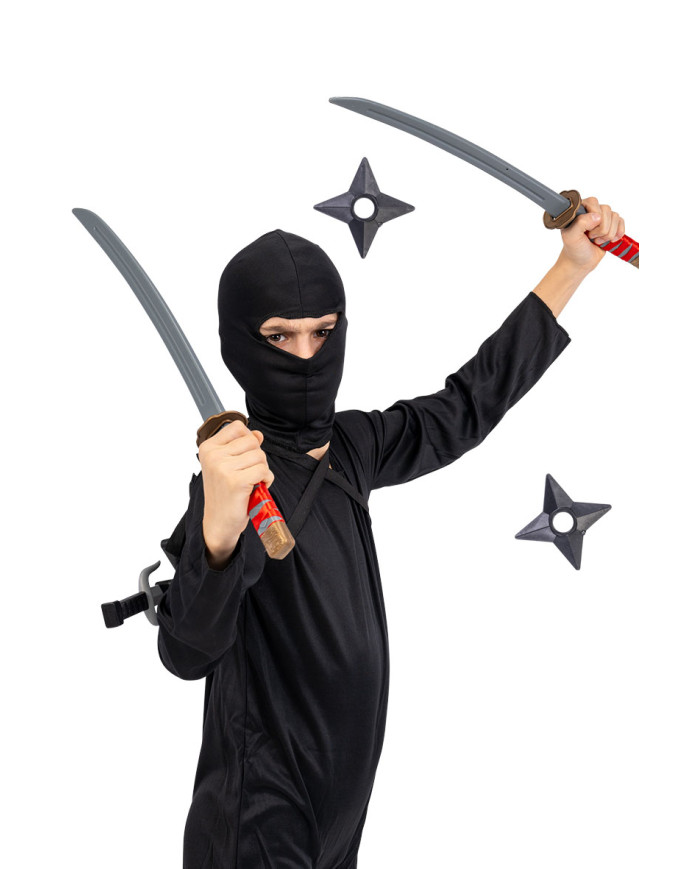 Ensemble armes ninja (fourreaux à épée, épées, poignards, accessoires) dans un sachet avec étiquette ferme-sachet