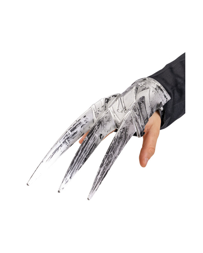 Guante con cuchillas de plástico grises de unos 26 cm de longitud con etiqueta colgante/etiqueta adhesiva