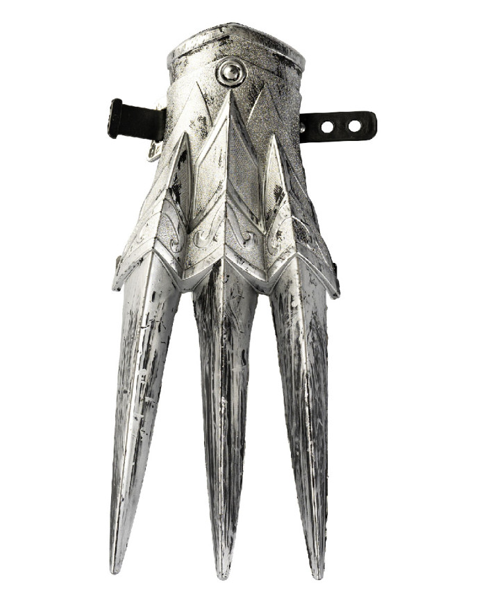 Guante con cuchillas de plástico grises de unos 26 cm de longitud con etiqueta colgante/etiqueta adhesiva