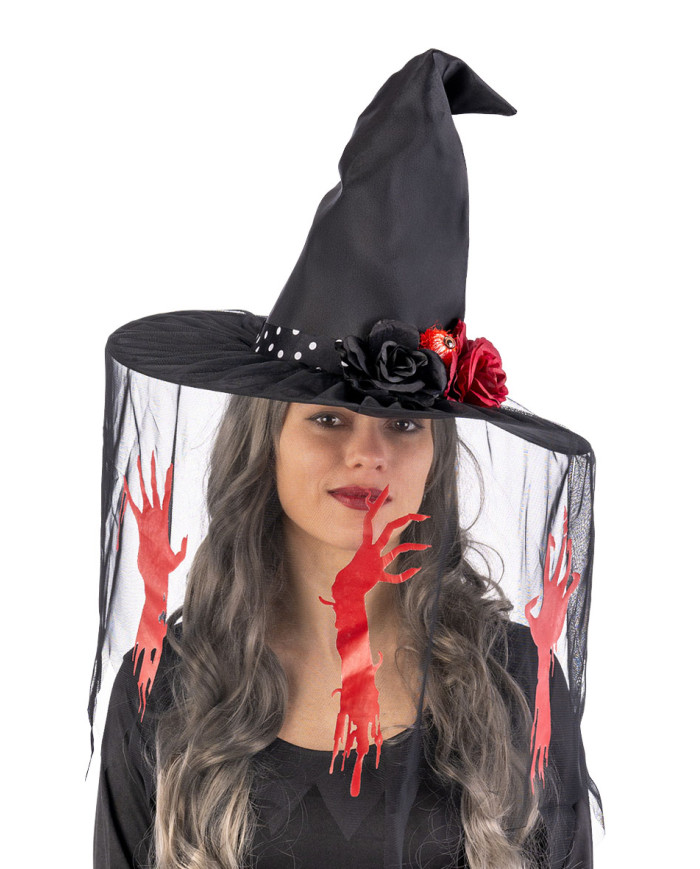Fabric witch hat h.35 cm w/decorated veil w/header
