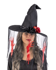Fabric witch hat h.35 cm w/decorated veil w/header