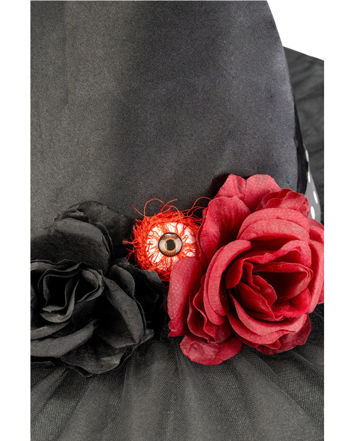 Cappello strega in tessuto h. 35 cm. ca con veletta con stampe e decorazioni con cavallotto