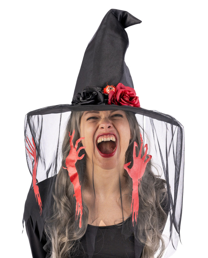 Fabric witch hat h.35 cm w/decorated veil w/header