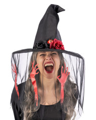 Cappello strega in tessuto h. 35 cm. ca con veletta con stampe e decorazioni con cavallotto