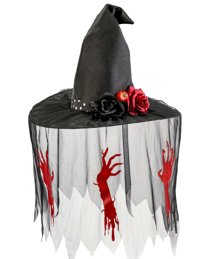 Sombrero de bruja de tela de unos 35 cm de altura con velo y estampados y adornos con solapa de cartón