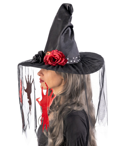 Chapeau de sorcière en tissu h. env. 35 cm avec voilette, imprimés et décorations avec étiquette cartonnée pliée