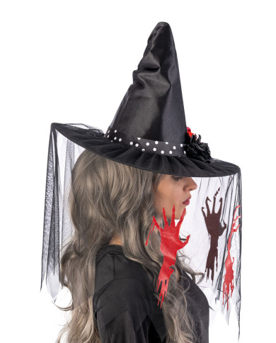 Sombrero de bruja de tela de unos 35 cm de altura con velo y estampados y adornos con solapa de cartón
