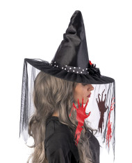 Sombrero de bruja de tela de unos 35 cm de altura con velo y estampados y adornos con solapa de cartón