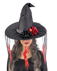 Fabric witch hat h.35 cm w/decorated veil w/header