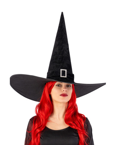 Chapeau de sorcière géant en velours noir avec boucle h. 50 cm x diam. 65 cm env. avec étiquette cartonnée pliée