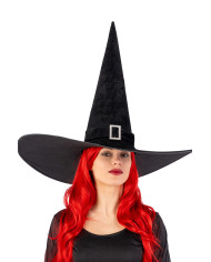 Chapeau de sorcière géant en velours noir avec boucle h. 50 cm x diam. 65 cm env. avec étiquette cartonnée pliée