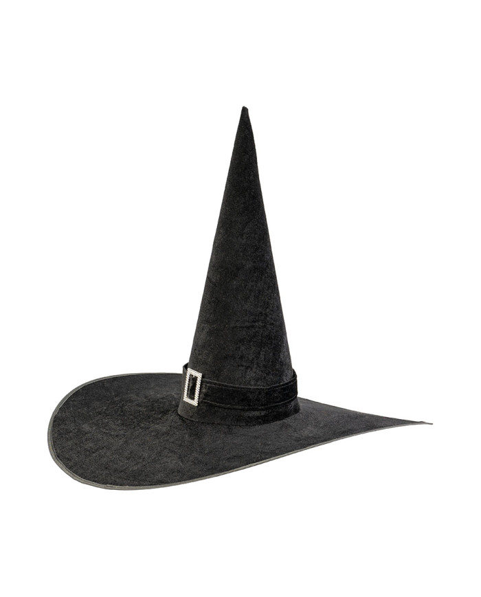 Sombrero de bruja gigante de terciopelo negro con hebilla de unos 50 cm de altura x 65 cm de diámetro con solapa de cartón