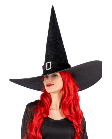 Chapeau de sorcière géant en velours noir avec boucle h. 50 cm x diam. 65 cm env. avec étiquette cartonnée pliée