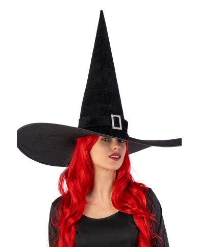 Chapeau de sorcière géant en velours noir avec boucle h. 50 cm x diam. 65 cm env. avec étiquette cartonnée pliée