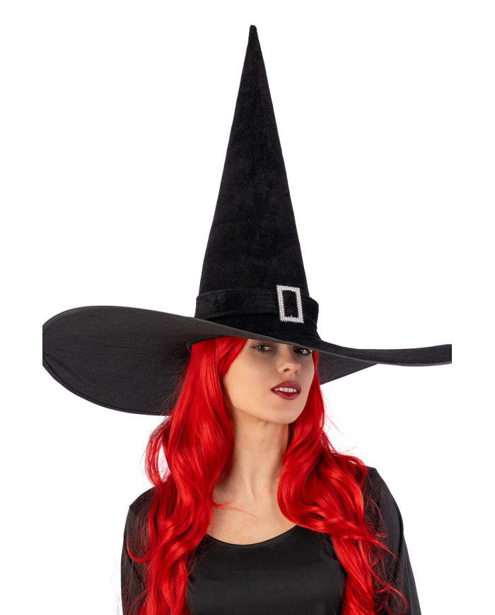 Sombrero de bruja gigante de terciopelo negro con hebilla de unos 50 cm de altura x 65 cm de diámetro con solapa de cartón