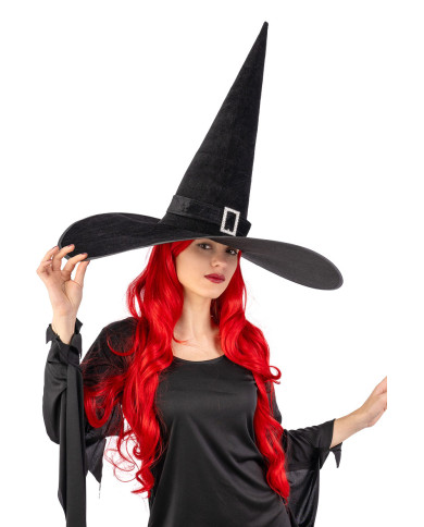 Sombrero de bruja gigante de terciopelo negro con hebilla de unos 50 cm de altura x 65 cm de diámetro con solapa de cartón