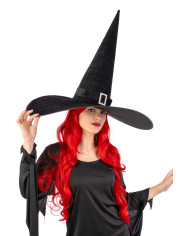 Chapeau de sorcière géant en velours noir avec boucle h. 50 cm x diam. 65 cm env. avec étiquette cartonnée pliée