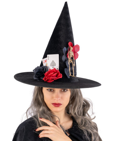 Sombrero de bruja de terciopelo con esqueleto, cartas y flores de unos 37 cm con solapa de cartón