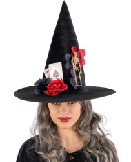 Velvet witch hat w/skeleton, cards and flowers h.37 cm w/header