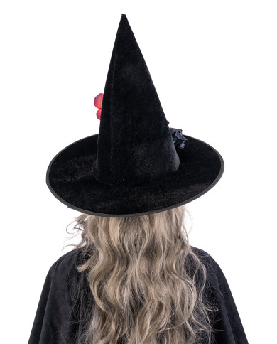 Sombrero de bruja de terciopelo con esqueleto, cartas y flores de unos 37 cm con solapa de cartón